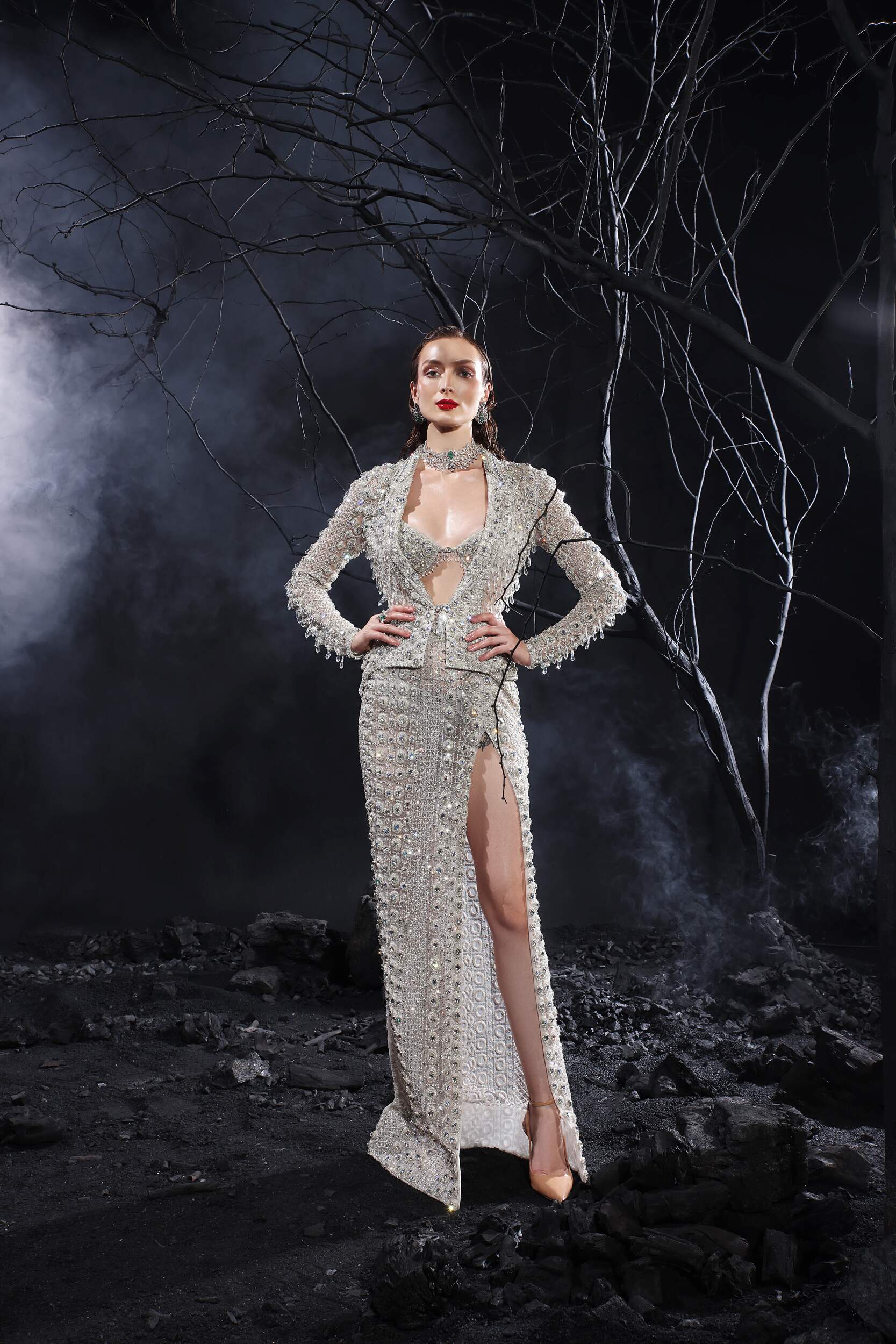 Silver Straight Skirt Set with Jacket