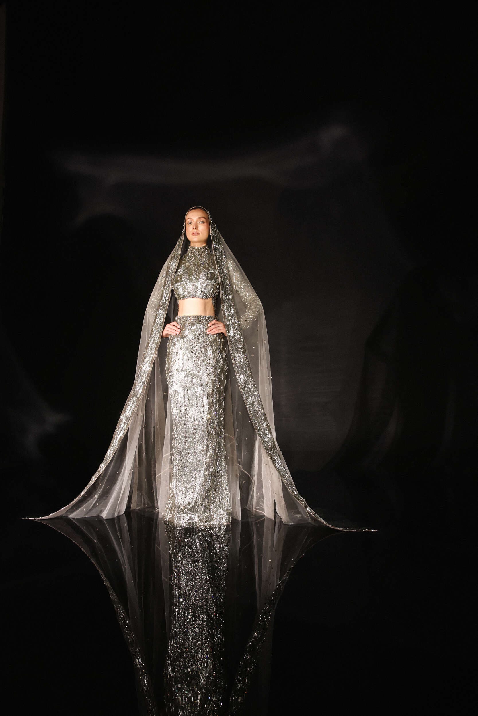 Steel Grey Straight Skirt and High Neck Blouse Set