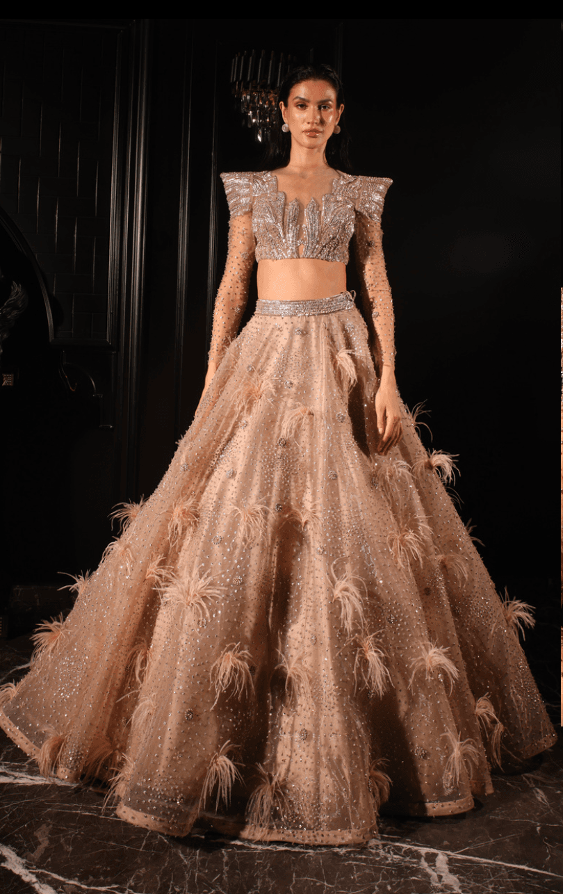 Coffee Flared Lehenga Set with Zero-Neck Blouse & Trail/Dupatta
