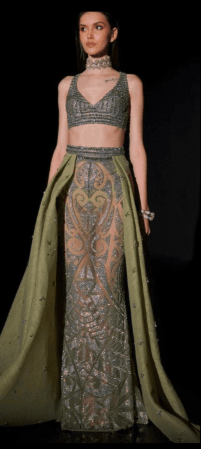 Iguana Green Fish Cut Skirt Set with V-Neck Blouse & Detachable Over Skirt