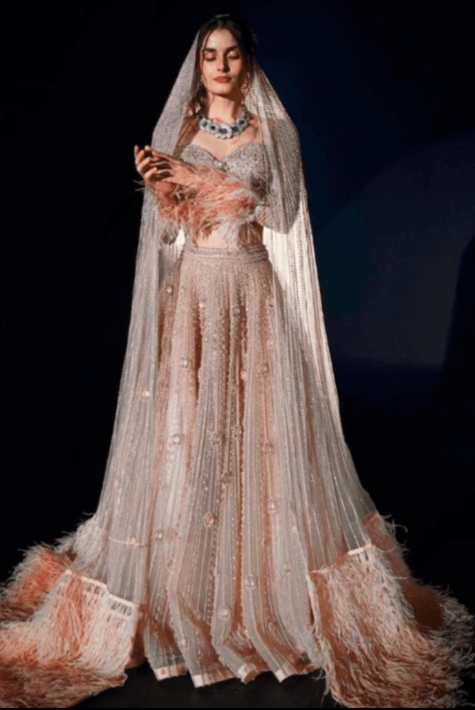 Nude Pink Flared Lehenga Set with Corset Blouse & Cape