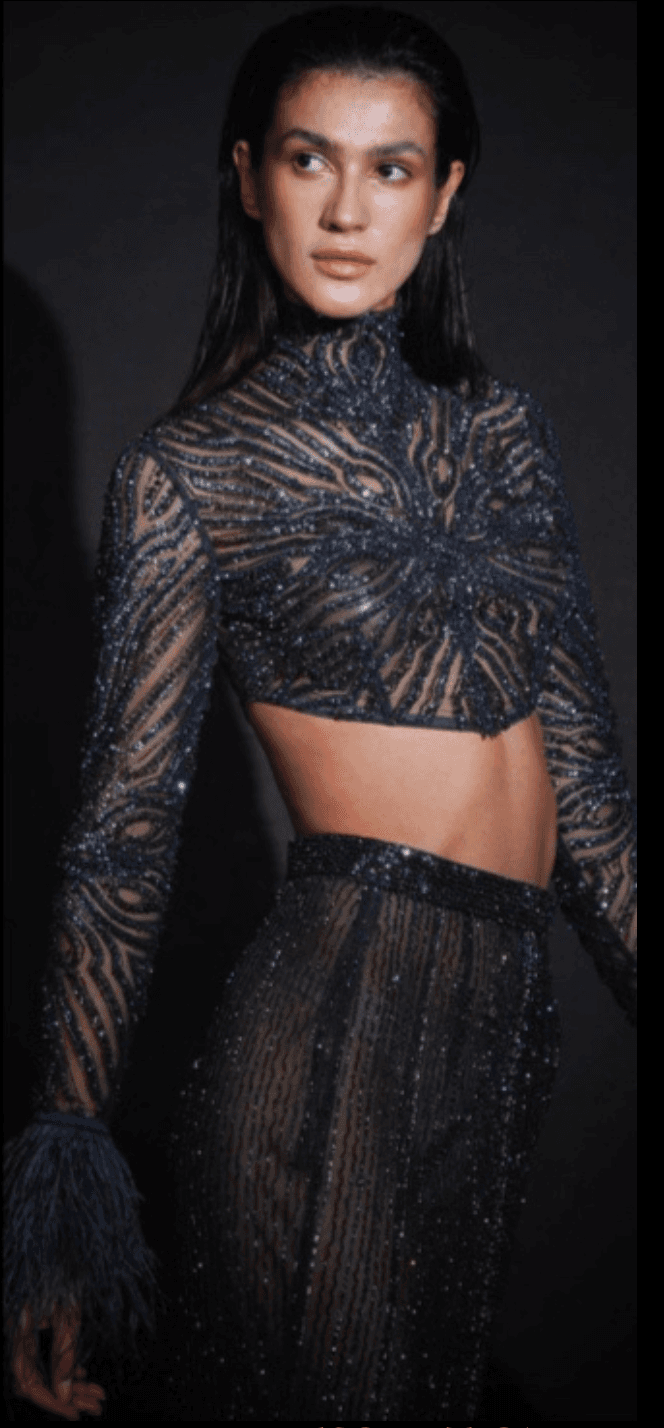 Charcoal Blue Straight Skirt Set with High Neck Blouse & Shoulder Trails