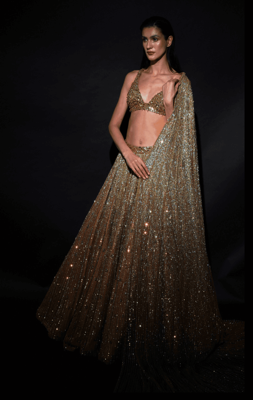 Gold Flared Lehenga Set with V-Neck Choli Blouse & Cape