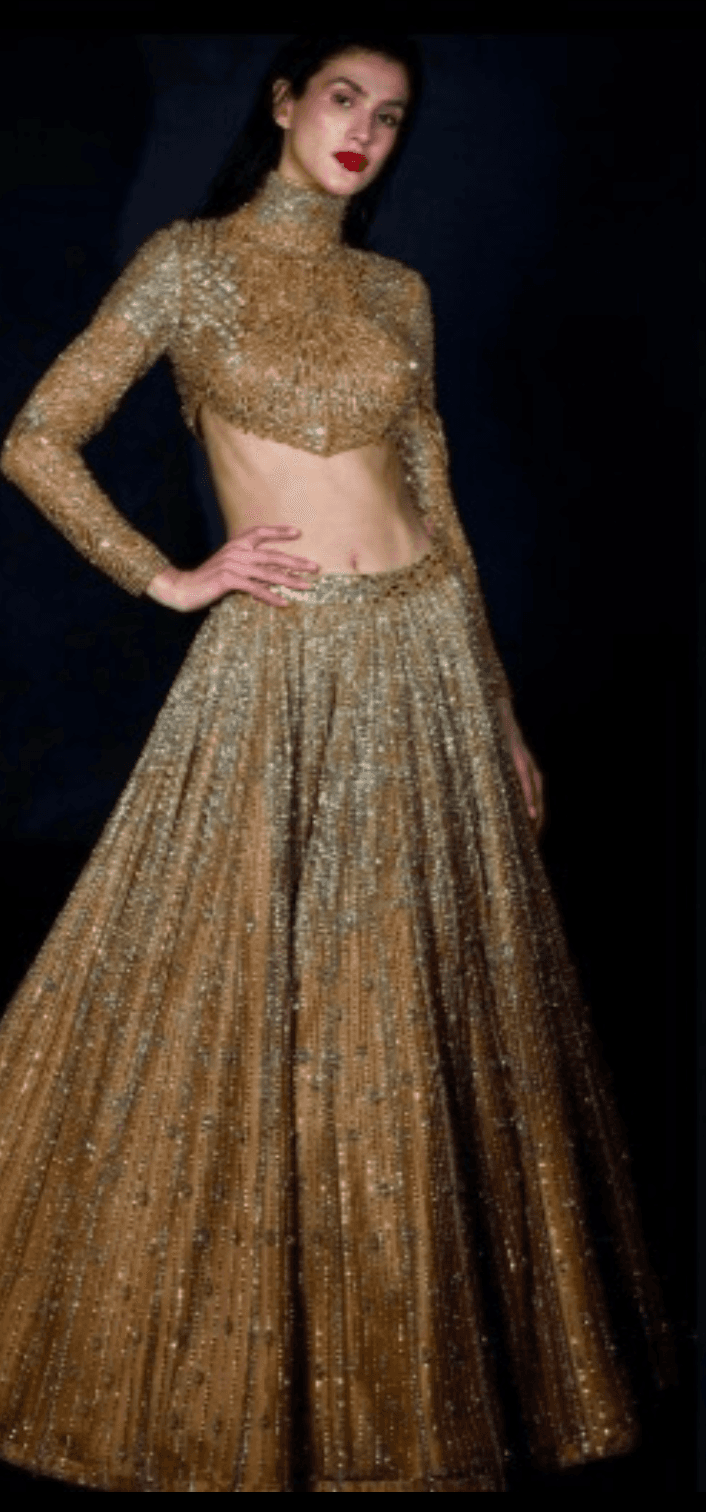 Gold Flared Lehenga Set with High Neck Blouse