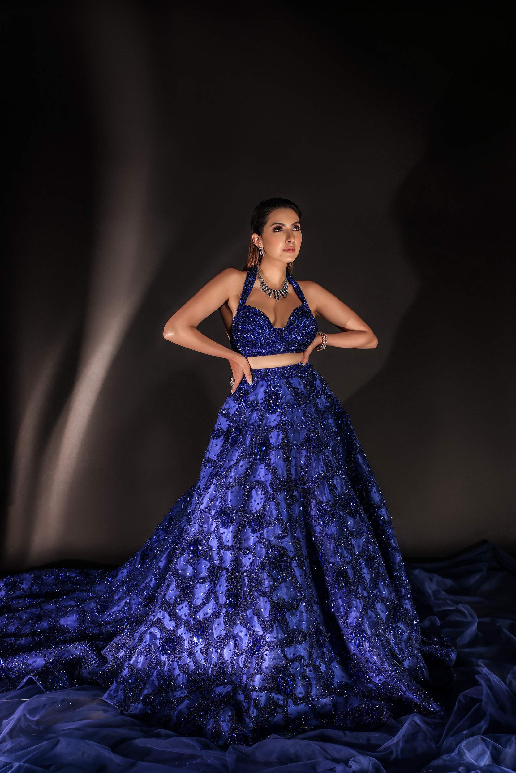Electric Blue Flared Lehnga with Halter Neck Blouse