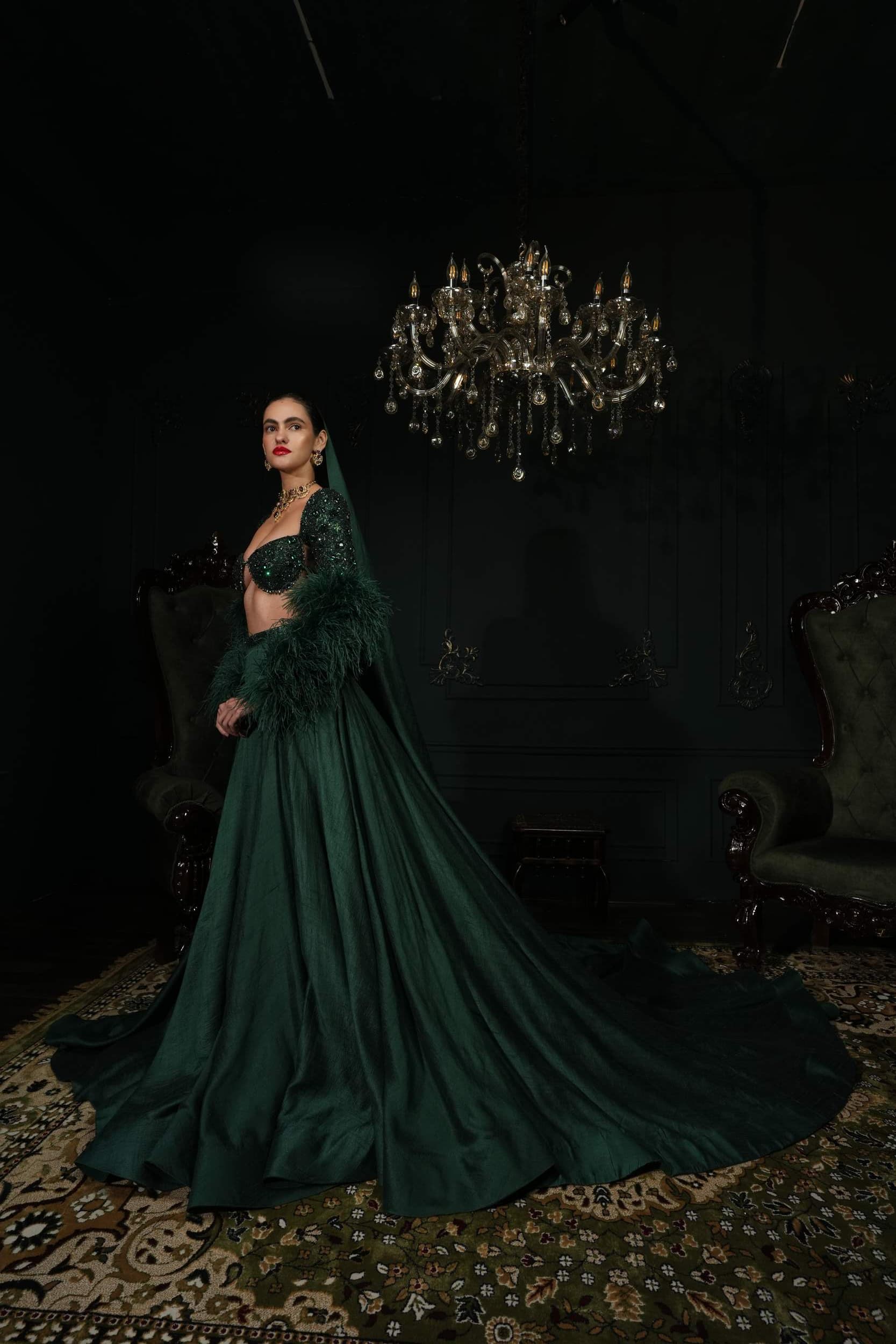 Emerald Green Raw Silk Lehanga with Head Veil and Deep Neck Blouse