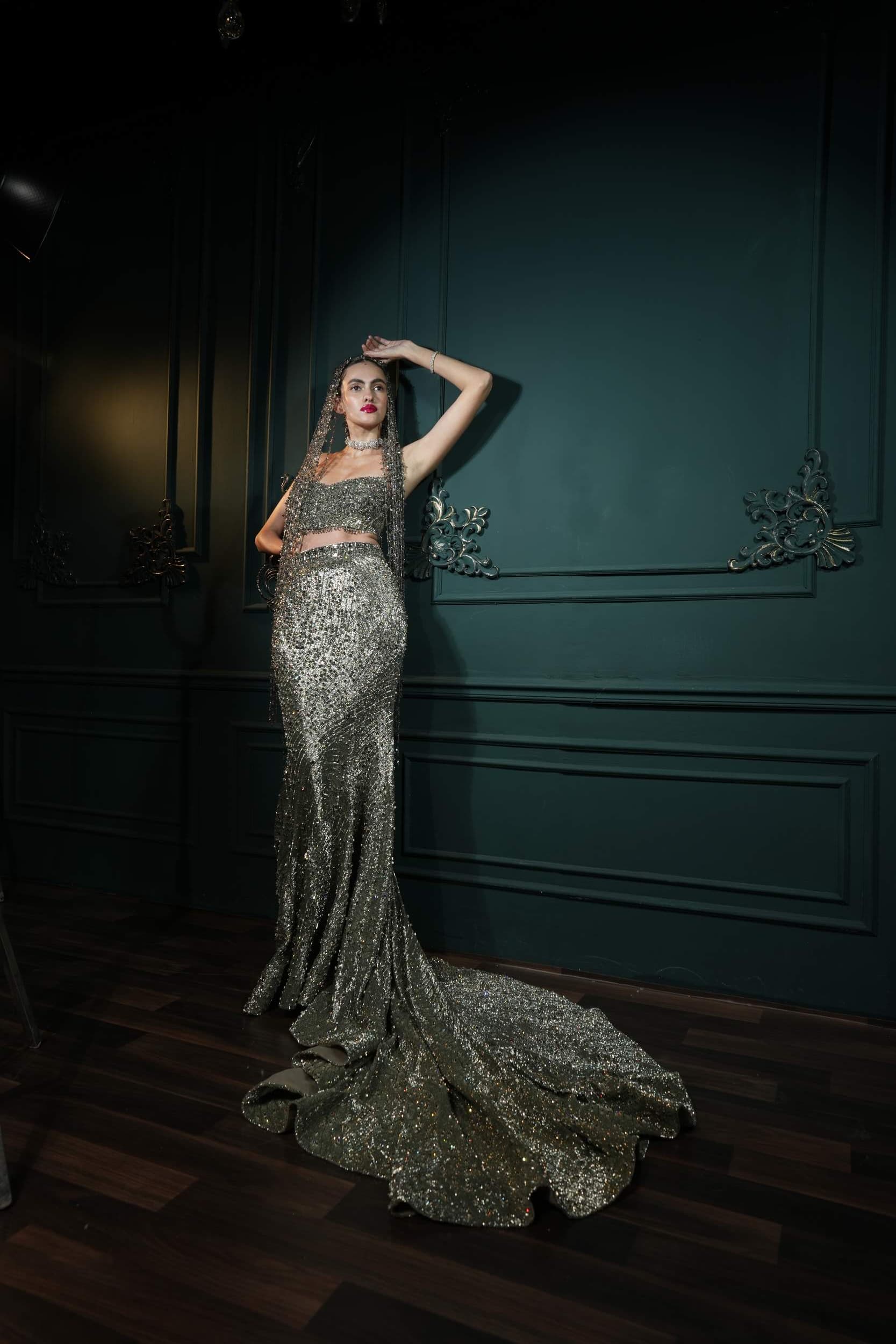 Steel Grey Mermaid Cut Lehnga with Corset and Crystals Handmade Head Cape