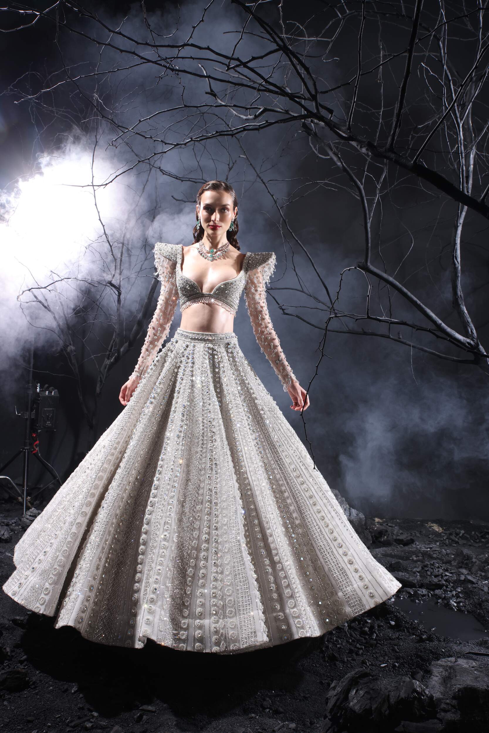 Moonlight Silver Flared Lehnga with Deep Neck Chonki Structures Sleeves, comes with a Dupatta or Shoulder Cape