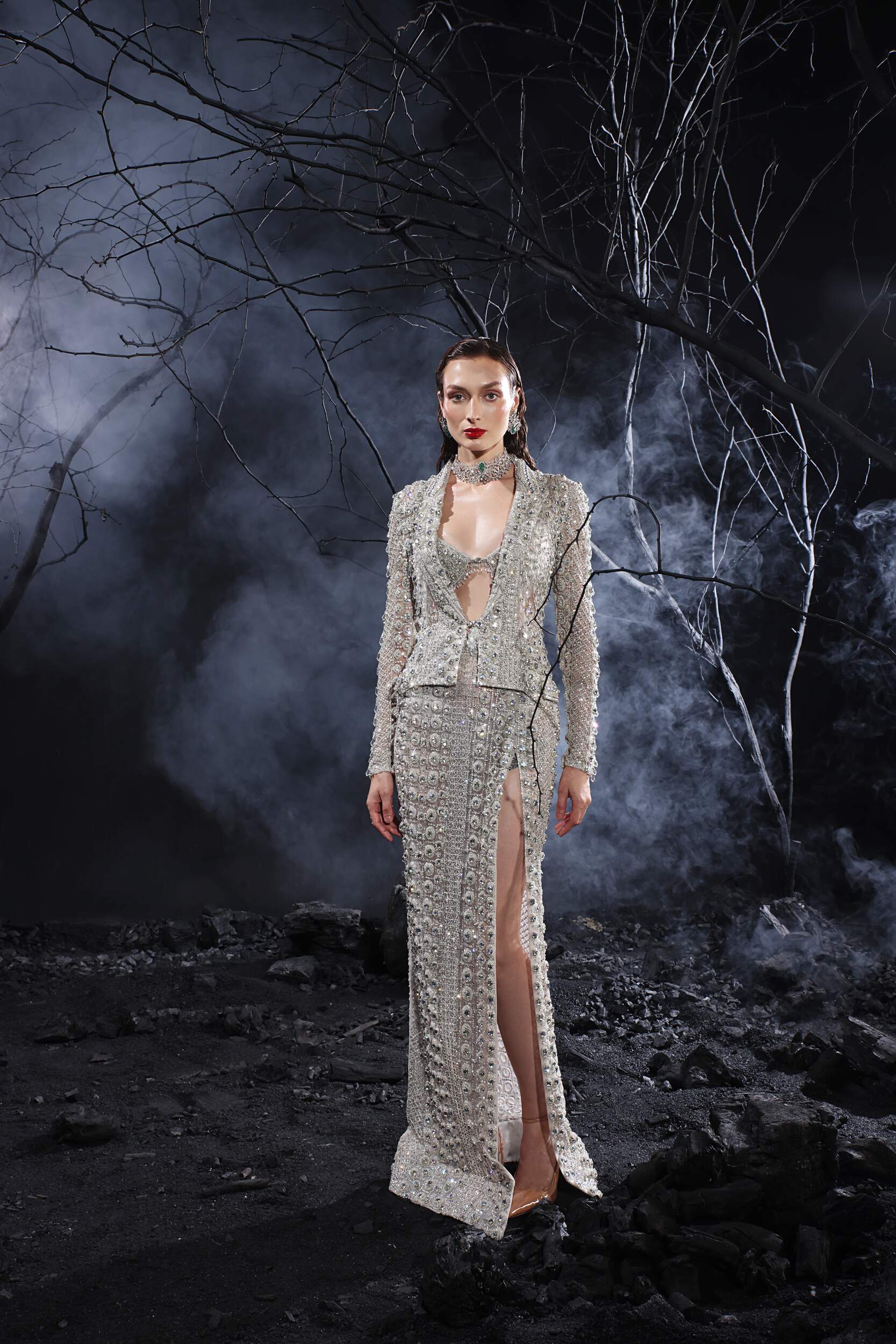 Silver Straight Skirt Set with Bralette Blouse & Structured Jacket