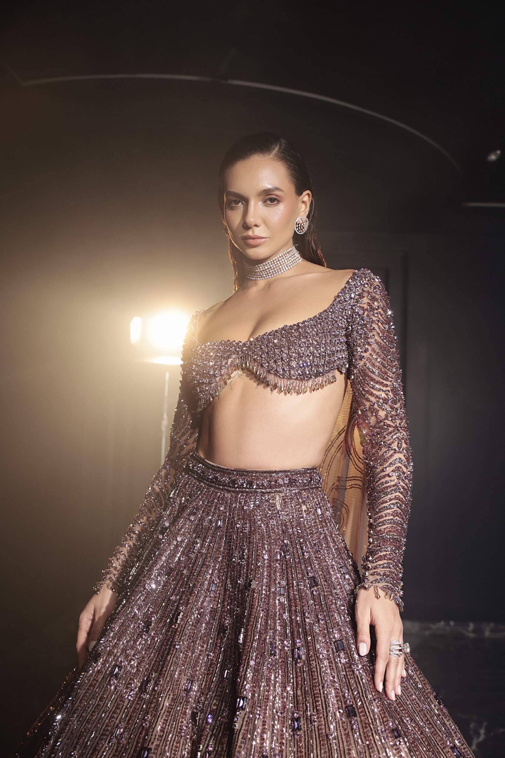 Warm Skin Flared Lehenga Set with One Shoulder Crystal Fringe Blouse & Sheer Sleeve