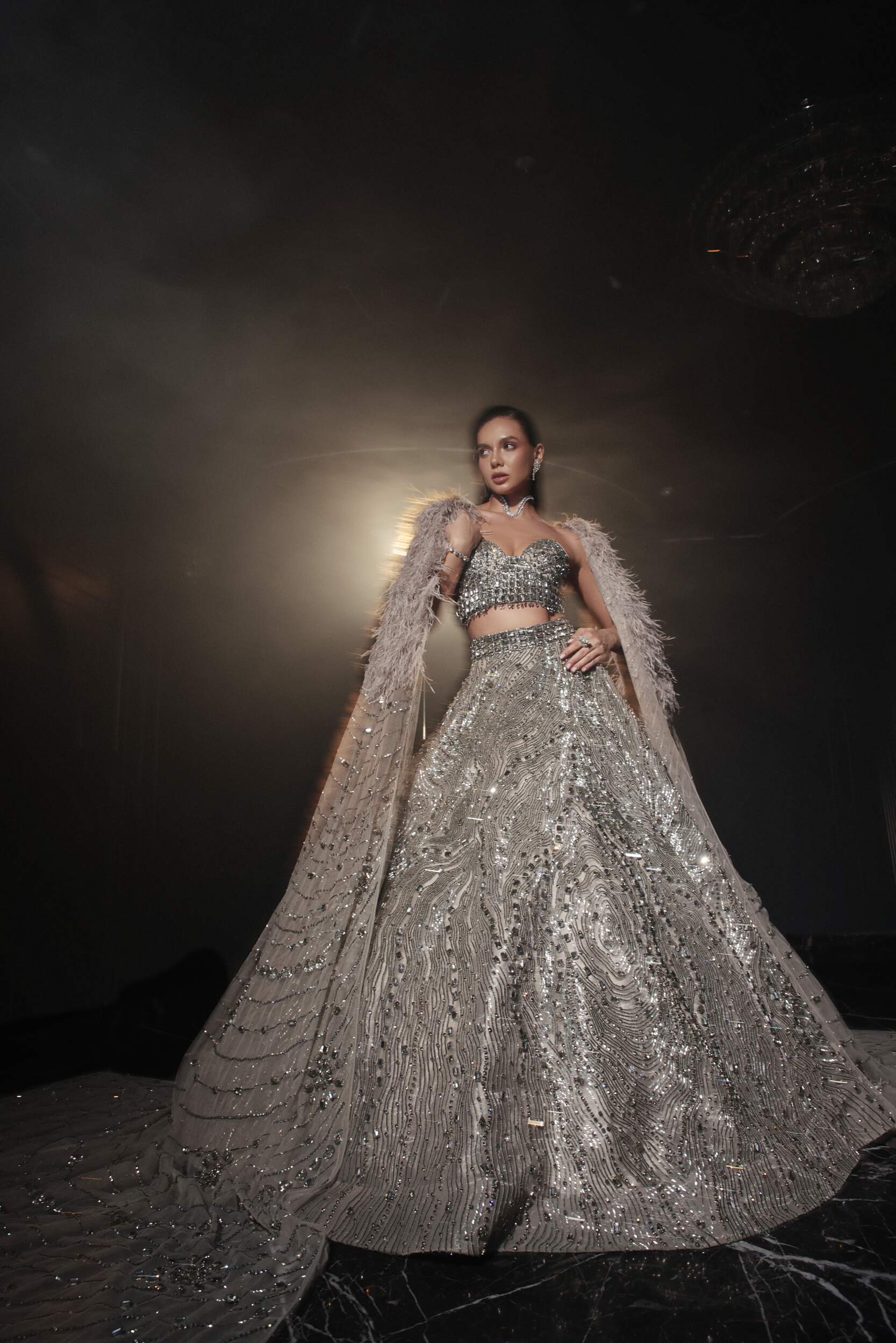 Silver Grey Flared Lehenga Set with Sweetheart Blouse & Feather Cape Trail