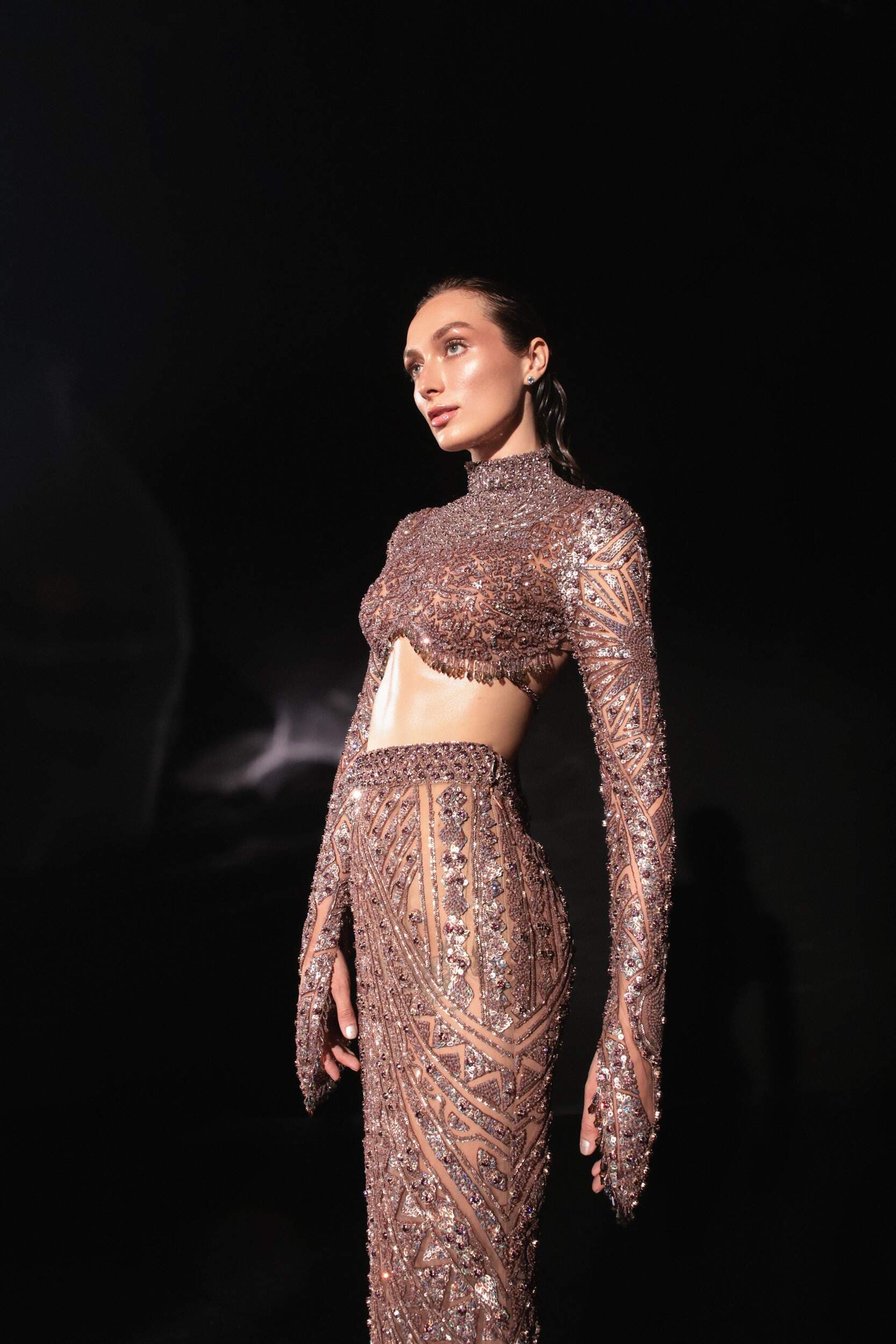 Warm Skin Straight skirt with Highneck Top with Amythis Embroidery