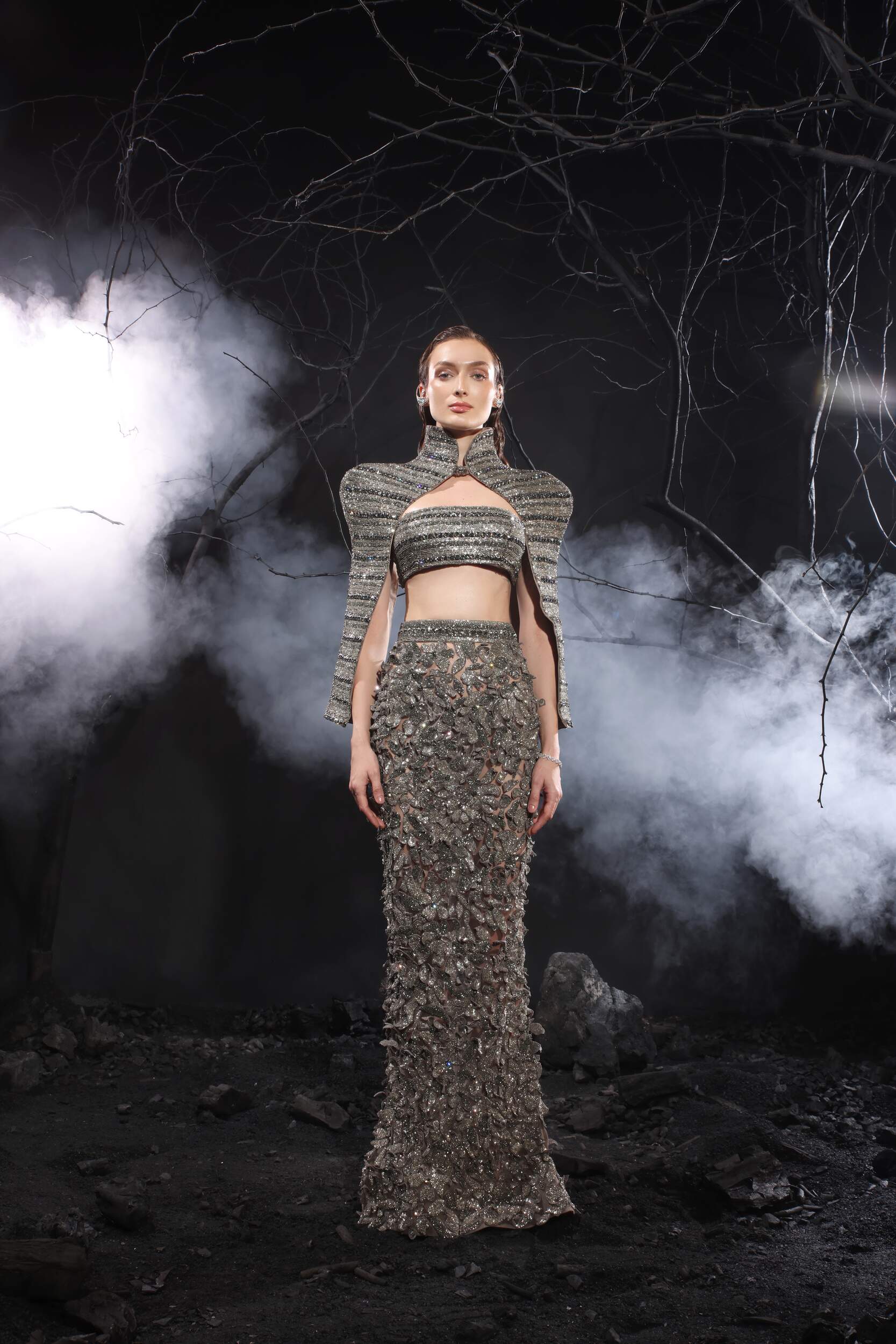 Rosin Straight Fur Skirt with Tube and Structured Jacket